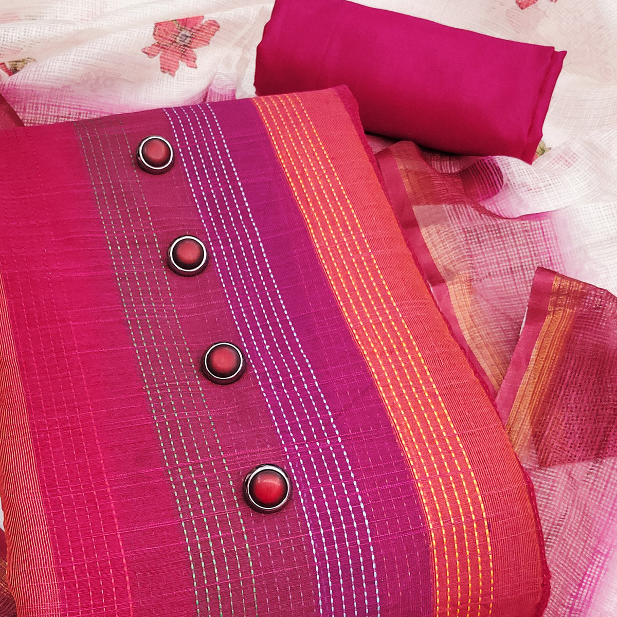 Lightweight Pink Pure Cotton Dress Material with Elegant Striped Finish