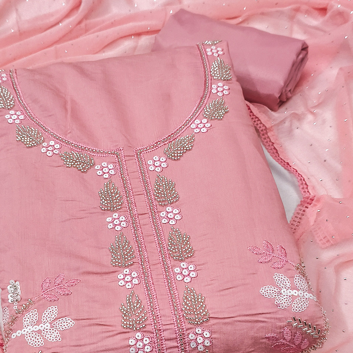 Peach Floral Embroidered Viscose Suit Fabric with Exquisite Beads Work