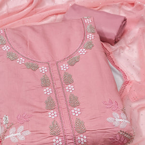 Peach Floral Embroidered Viscose Suit Fabric with Exquisite Beads Work