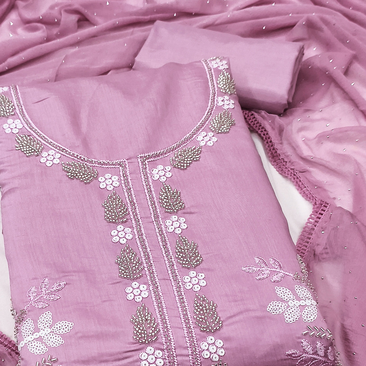 Pink Floral Embroidered Viscose Suit Fabric with Exquisite Beads Work