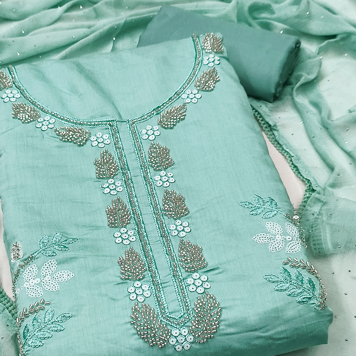 Turquoise Floral Embroidered Viscose Suit Fabric with Exquisite Beads Work