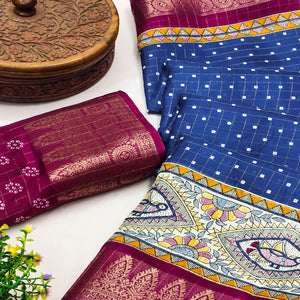 Blue Madhubani Work Woven Dola Silk Saree