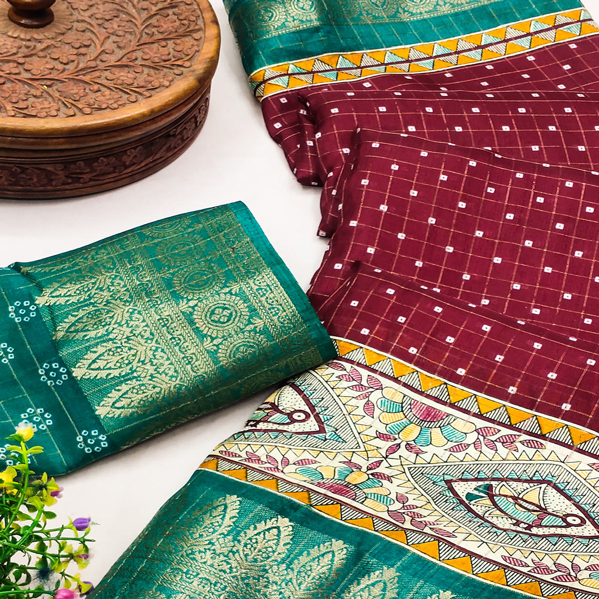 Maroon Madhubani Work Woven Dola Silk Saree