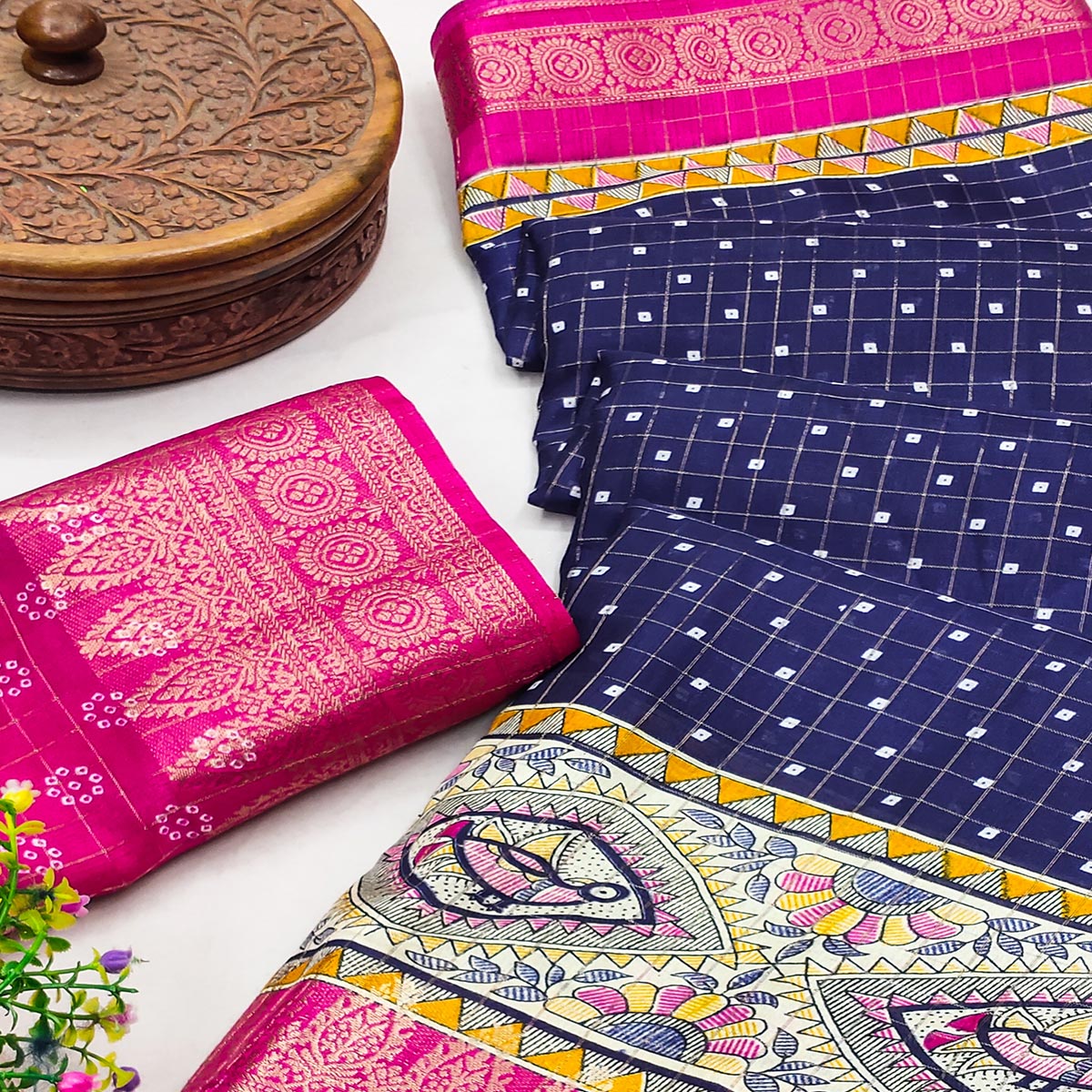 Navy Blue Madhubani Work Woven Dola Silk Saree