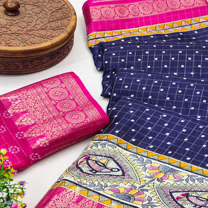 Navy Blue Madhubani Work Woven Dola Silk Saree
