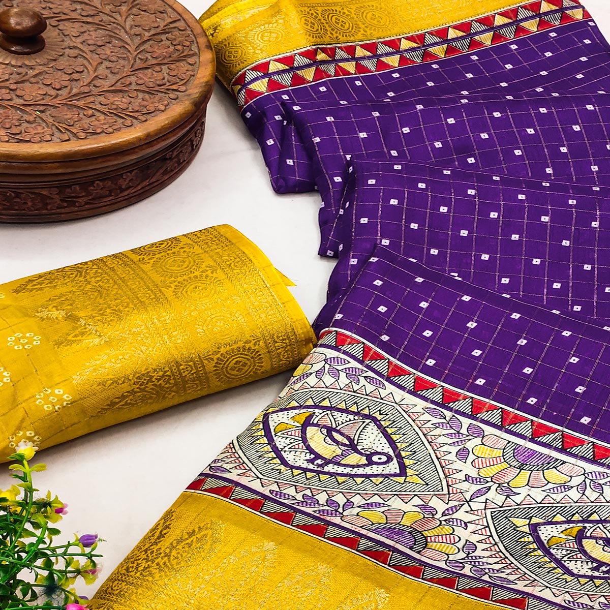 Purple Madhubani Work Woven Dola Silk Saree