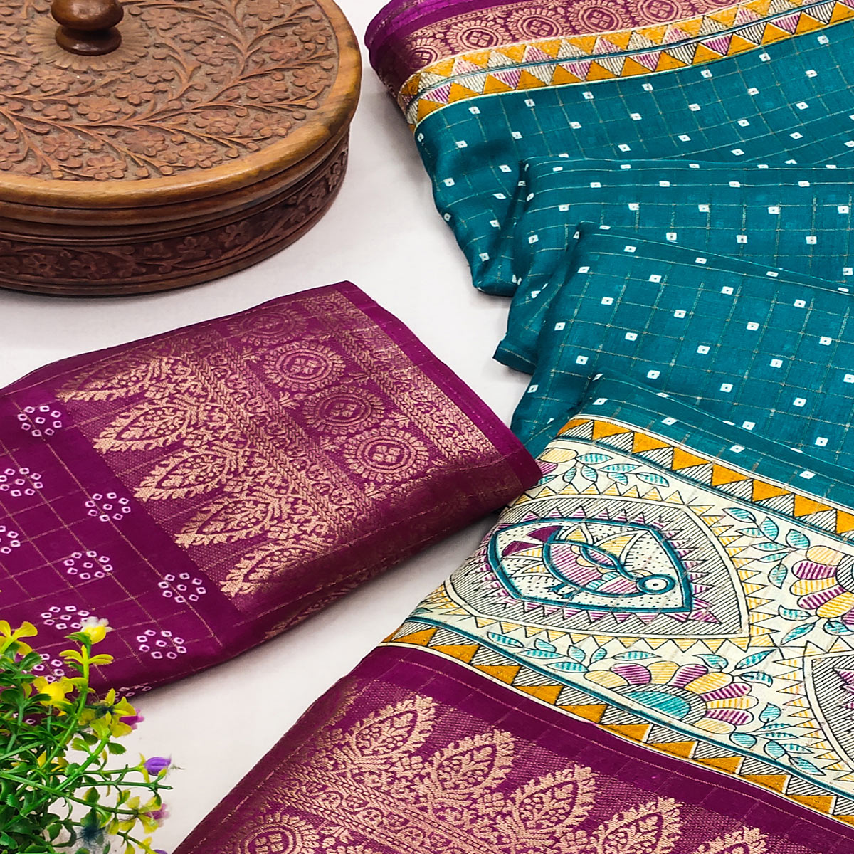 Teal Madhubani Work Woven Dola Silk Saree