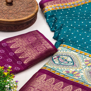 Teal Madhubani Work Woven Dola Silk Saree