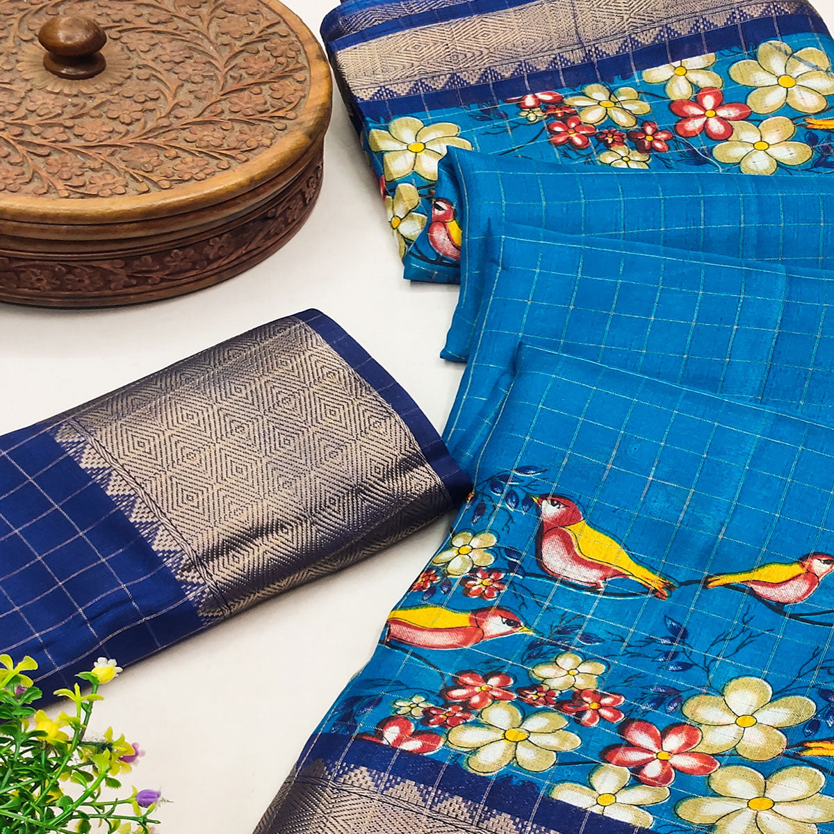Rama Blue Madhubani Work Woven Dola Silk Saree
