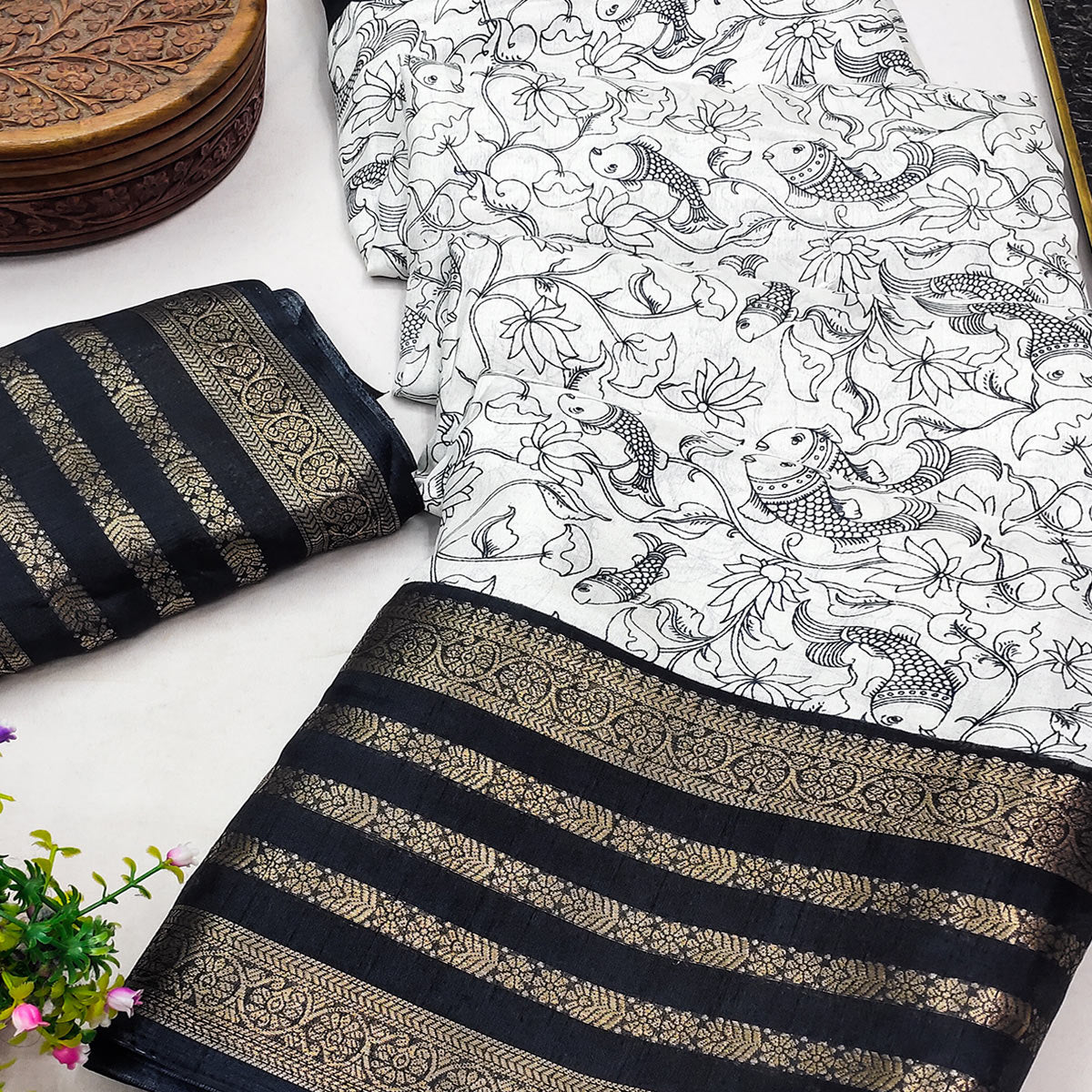 Off White & Black Dola Silk Saree with Tradional Prints and Zari Weaving Border