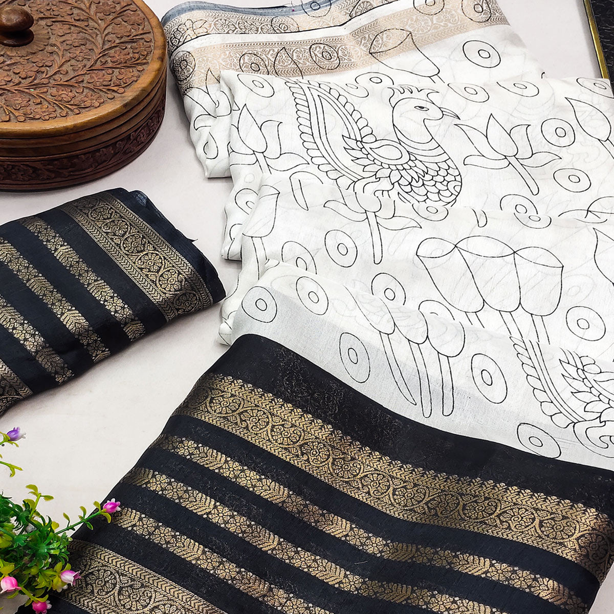 Off White & Black Dola Silk Saree with Tradional Prints and Zari Weaving Border