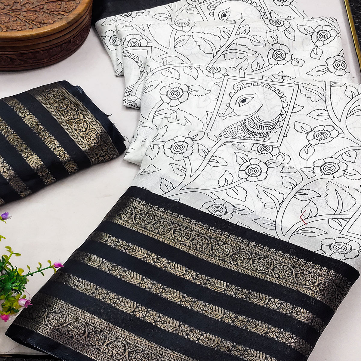 Off White & Black Dola Silk Saree with Tradional Prints and Zari Weaving Border