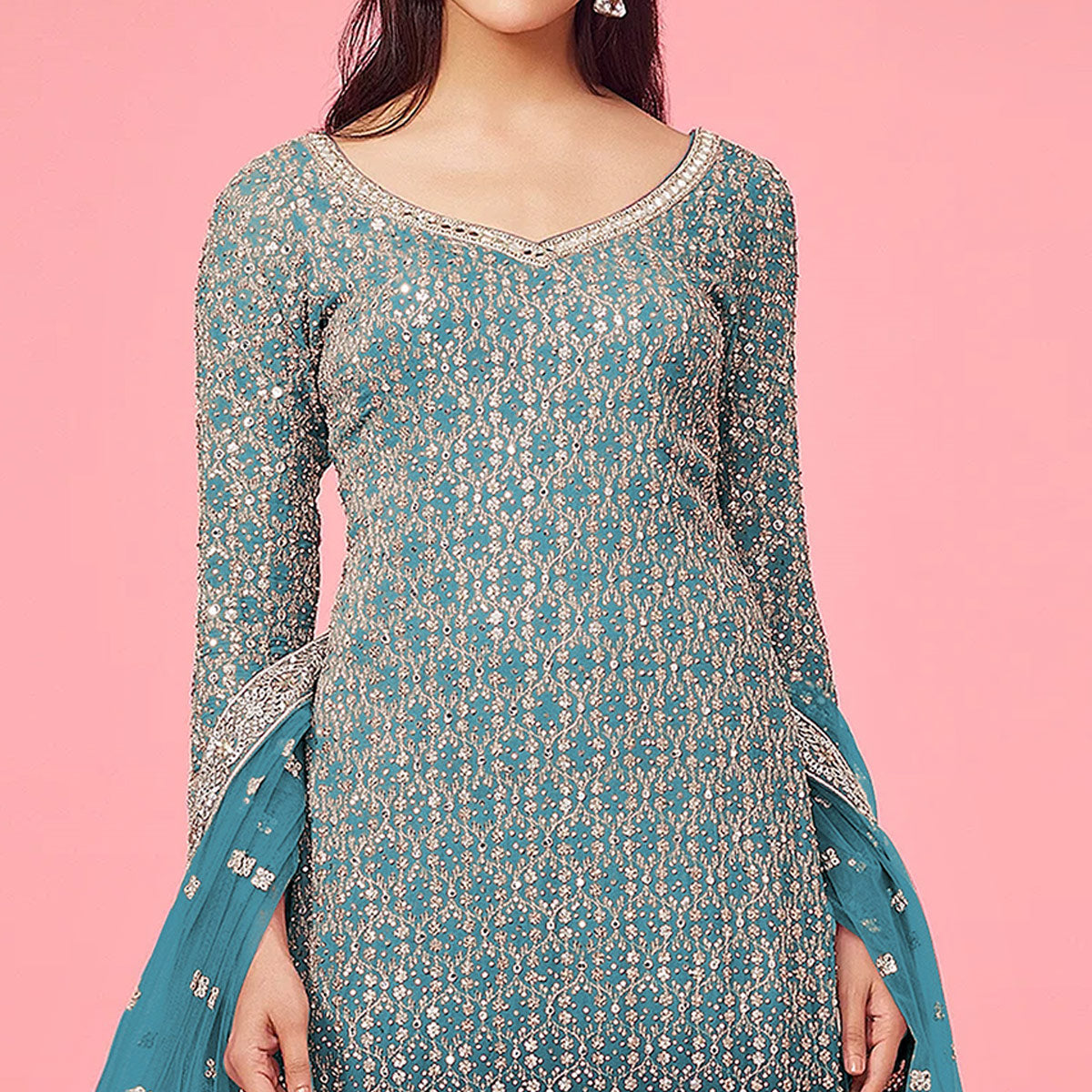 Blue Sequins Embroidered Georgette Semi Stitched Suit