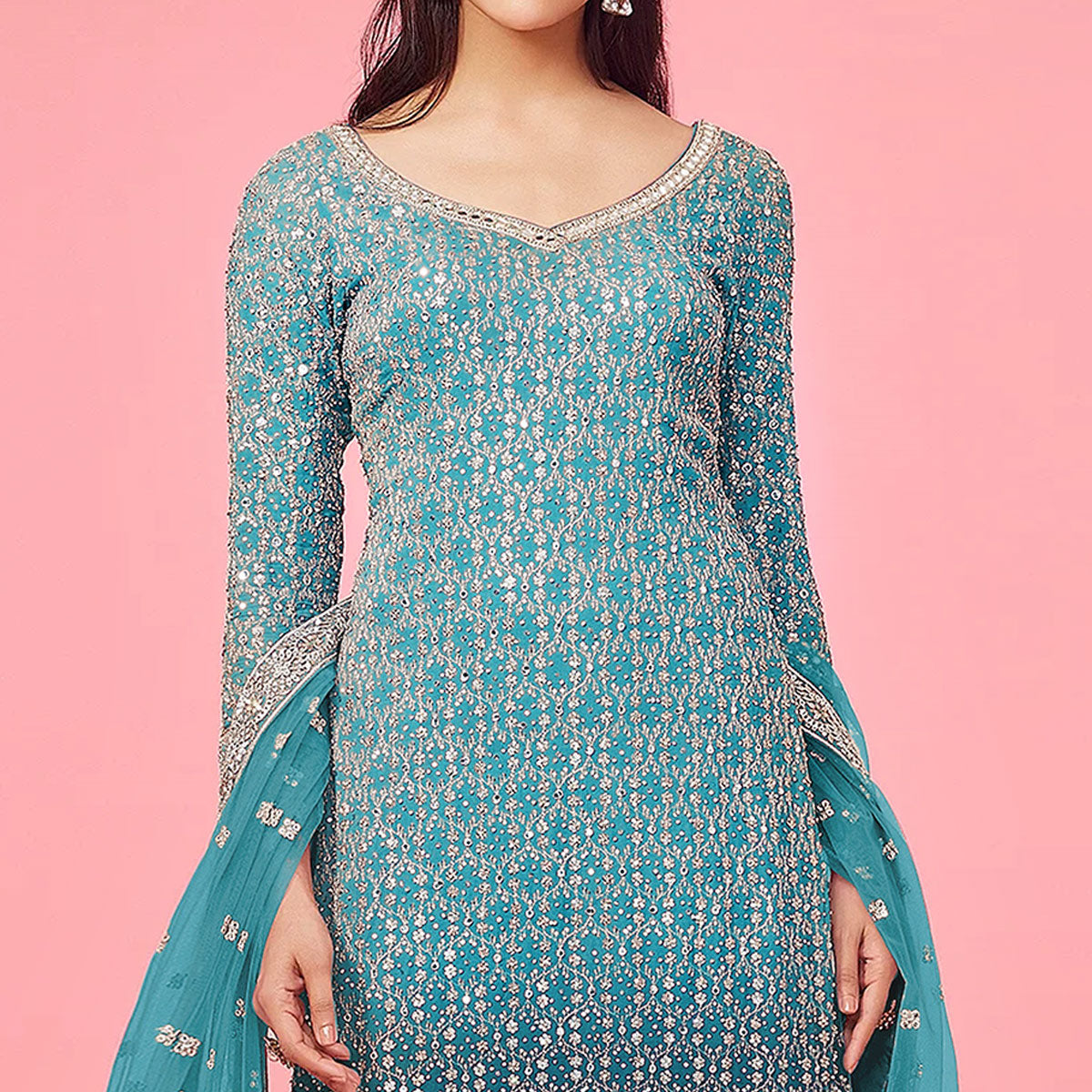 Sky Blue Sequins Embroidered Georgette Semi Stitched Suit