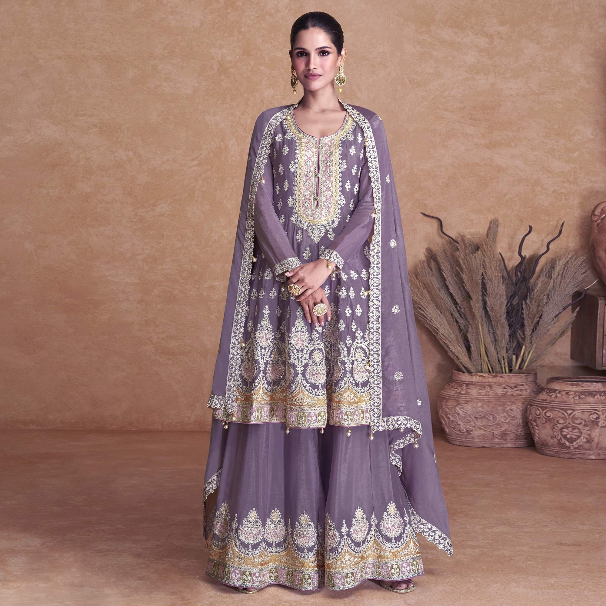 Light Purple Floral Embroidered Georgette Semi Stitched Suit