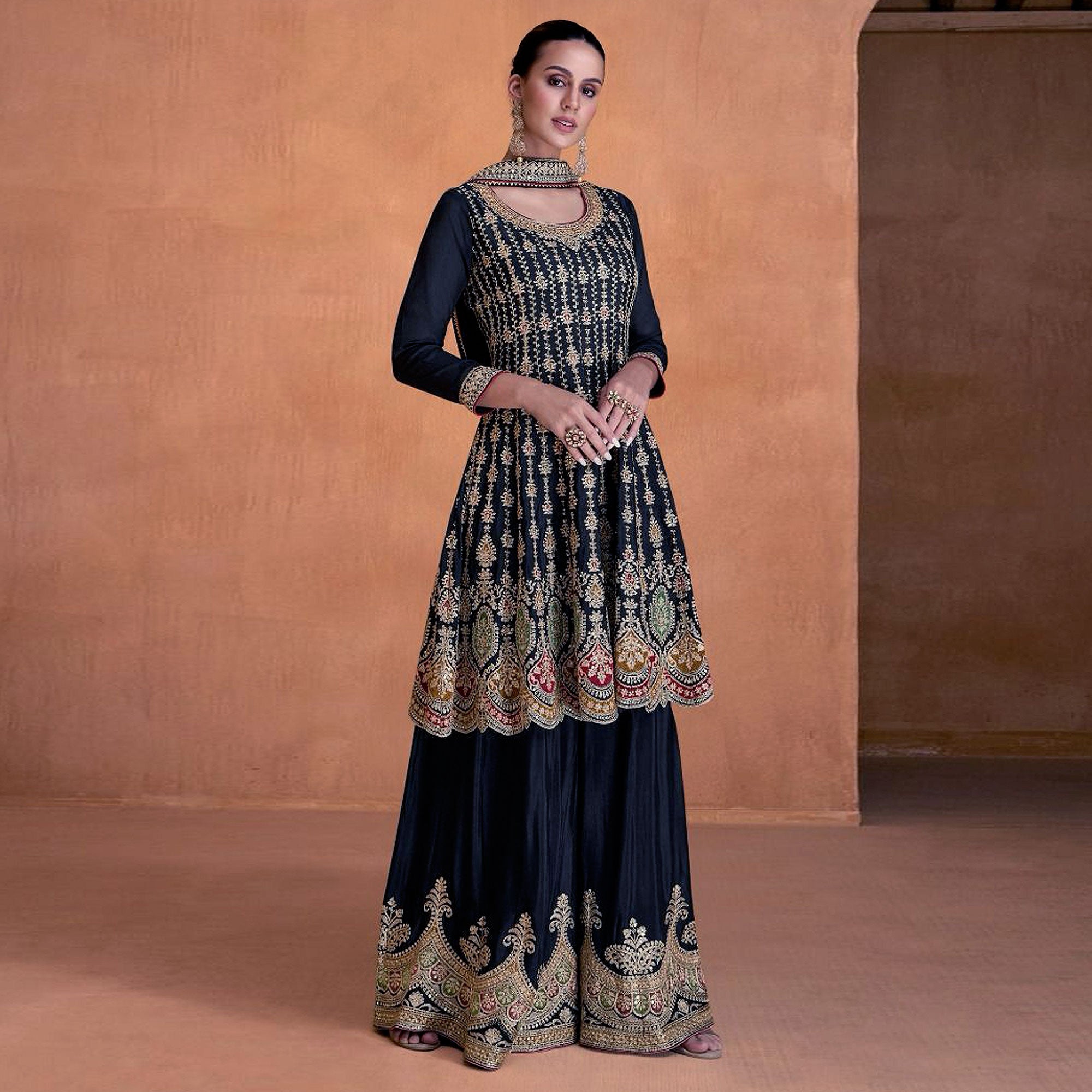 Dark Blue Sequins Embroidered Georgette Semi Stitched Sharara Suit