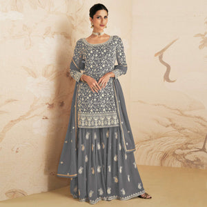 Grey Floral Embroidered Georgette Semi Stitched Sharara Suit