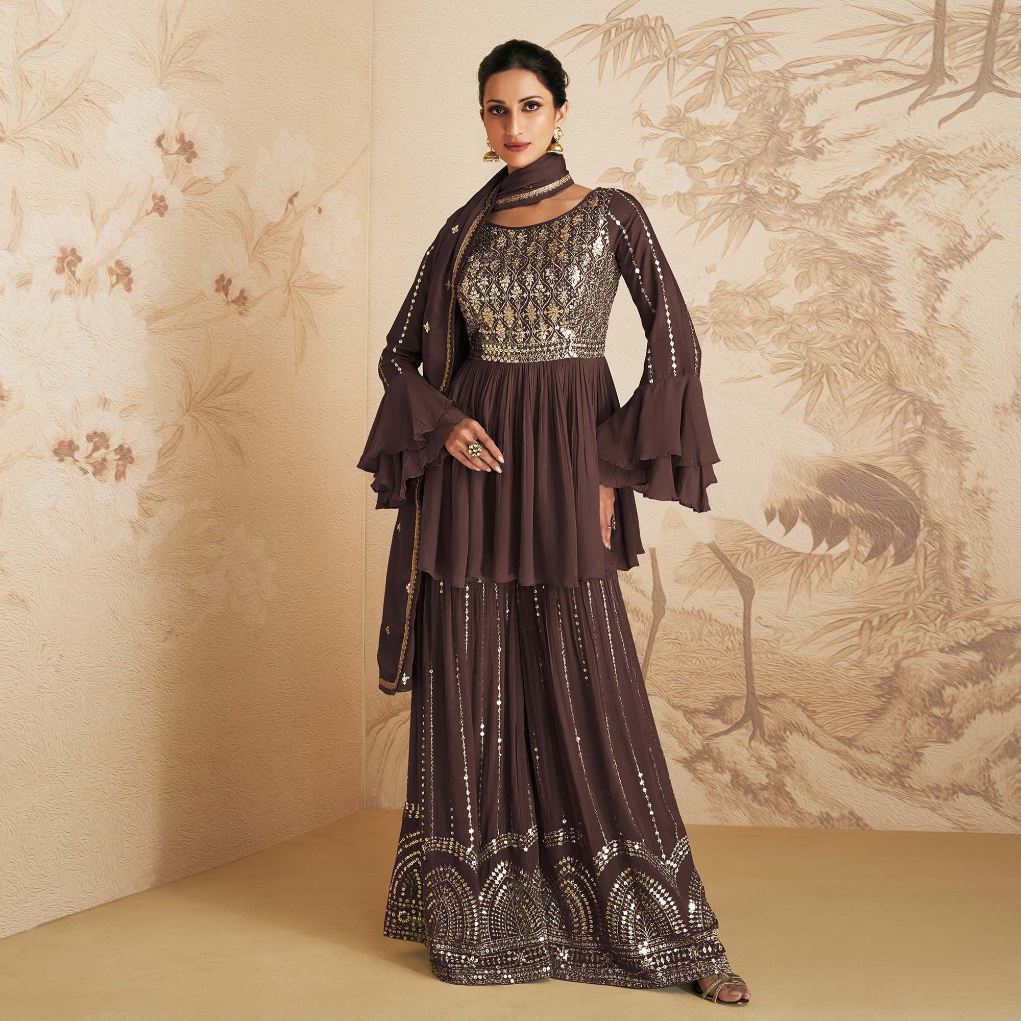 Brown Sequins Embroidered Chinon Semi Stitched Sharara Suit