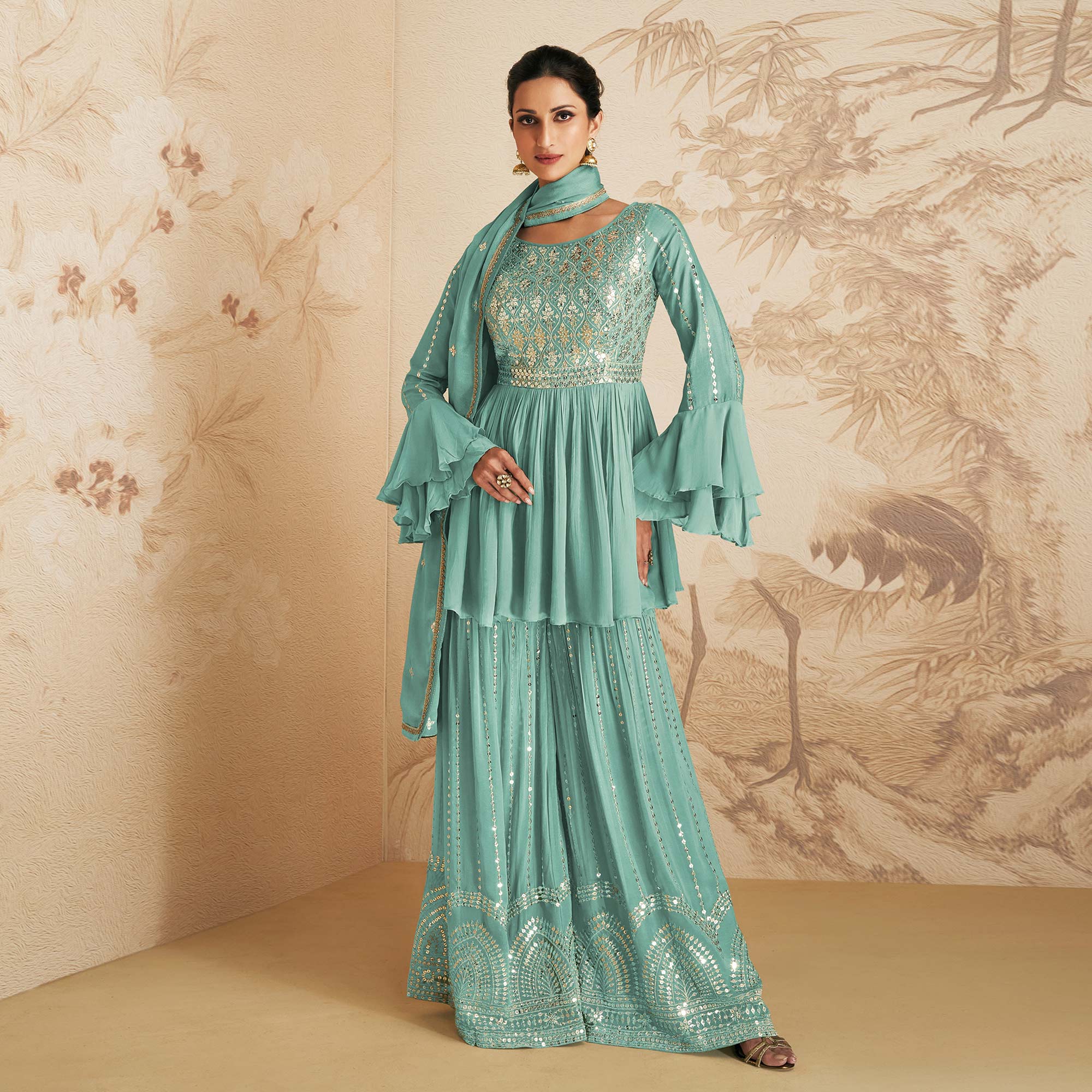 Blue Sequins Embroidered Chinon Semi Stitched Sharara Suit