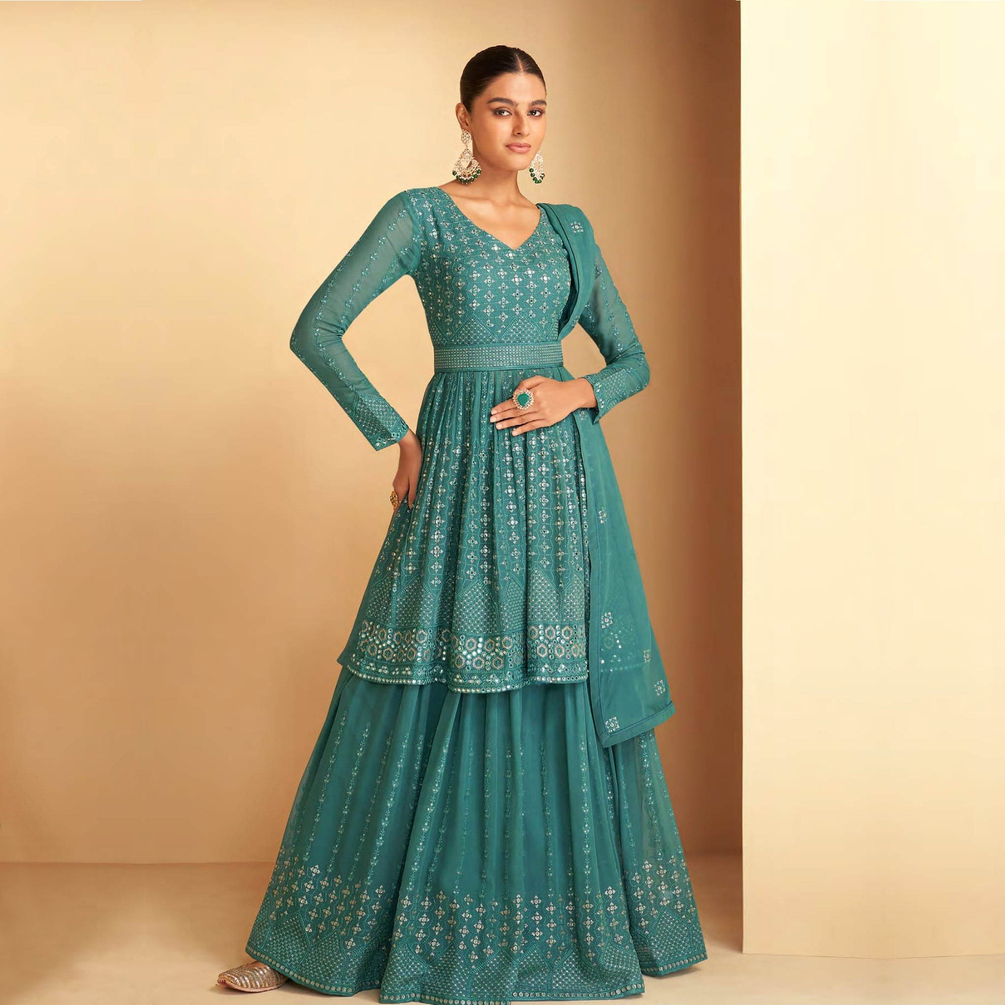 Rama Green Sequins Embroidered Georgette Semi Stitched Sharara Suit