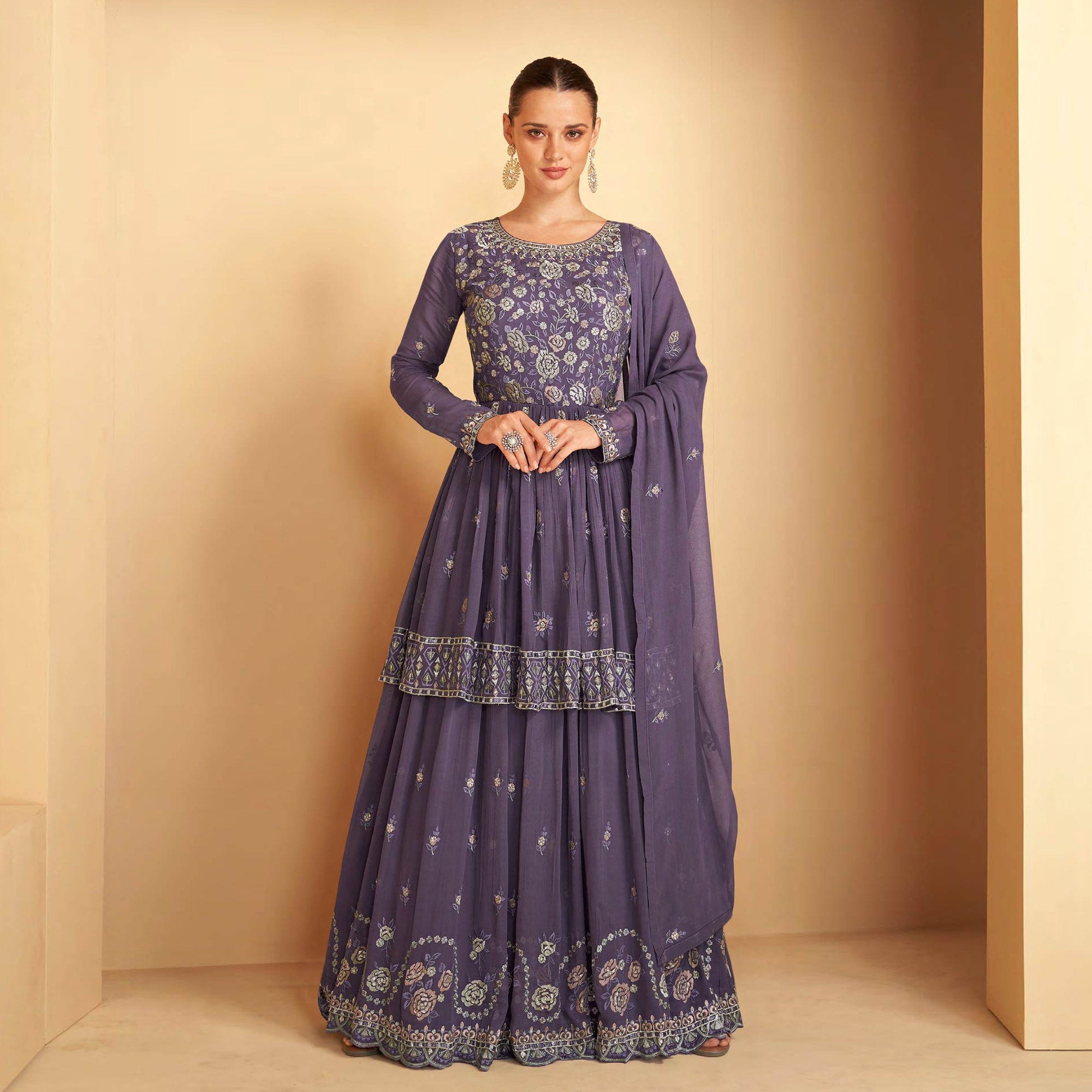 Purple Floral Embroidered Georgette Semi Stitched Sharara Suit