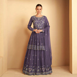 Purple Floral Embroidered Georgette Semi Stitched Sharara Suit
