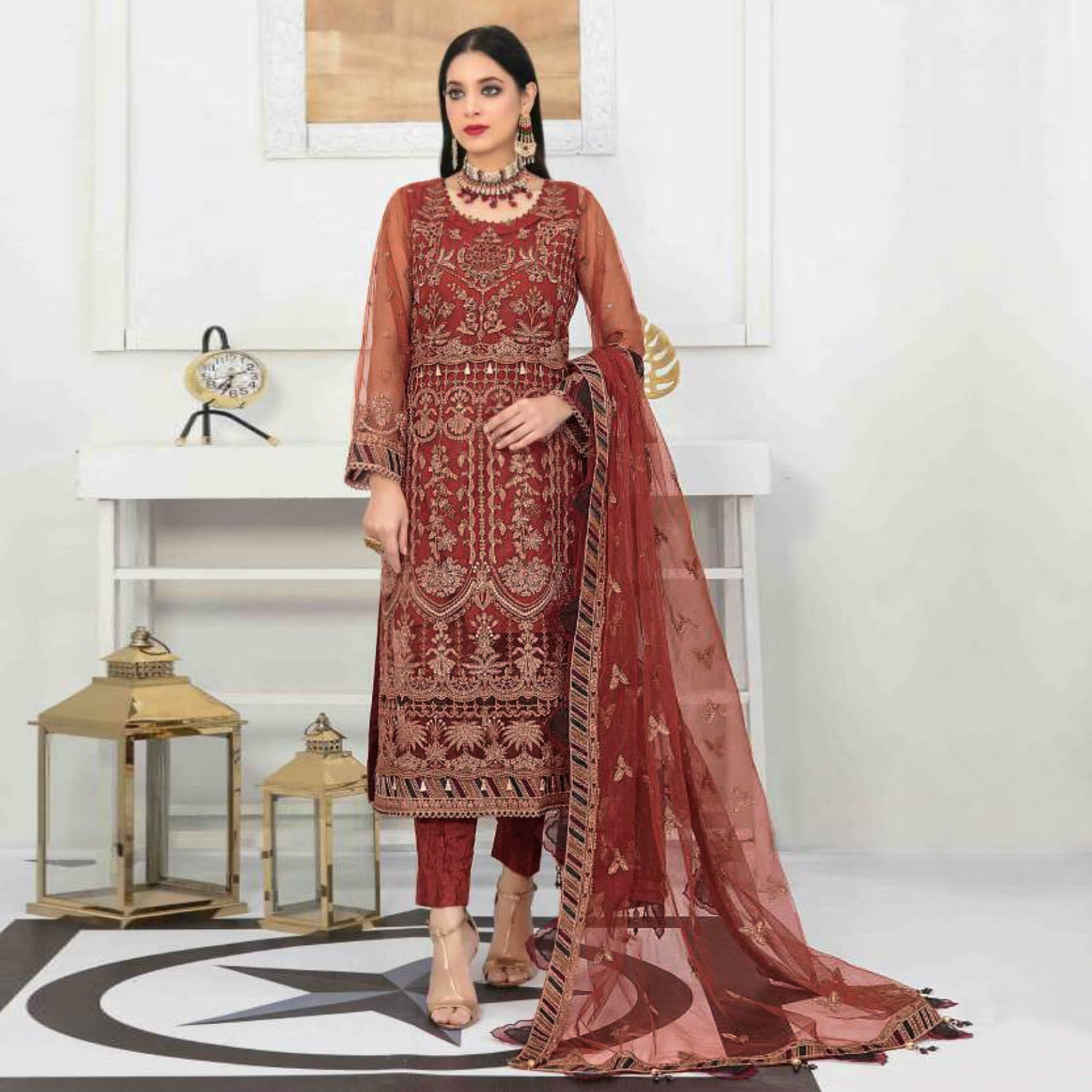 Rust Floral Embroidered Net Semi Stitched Pakistani Suit