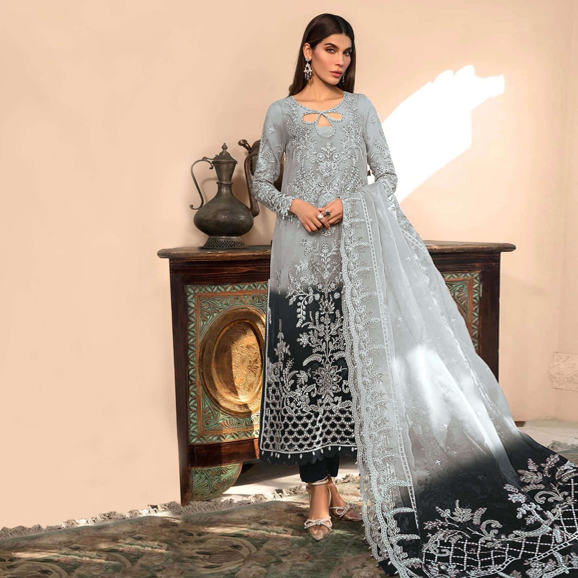Grey & Black Floral Embroidered Organza Semi Stitched Pakistani Suit