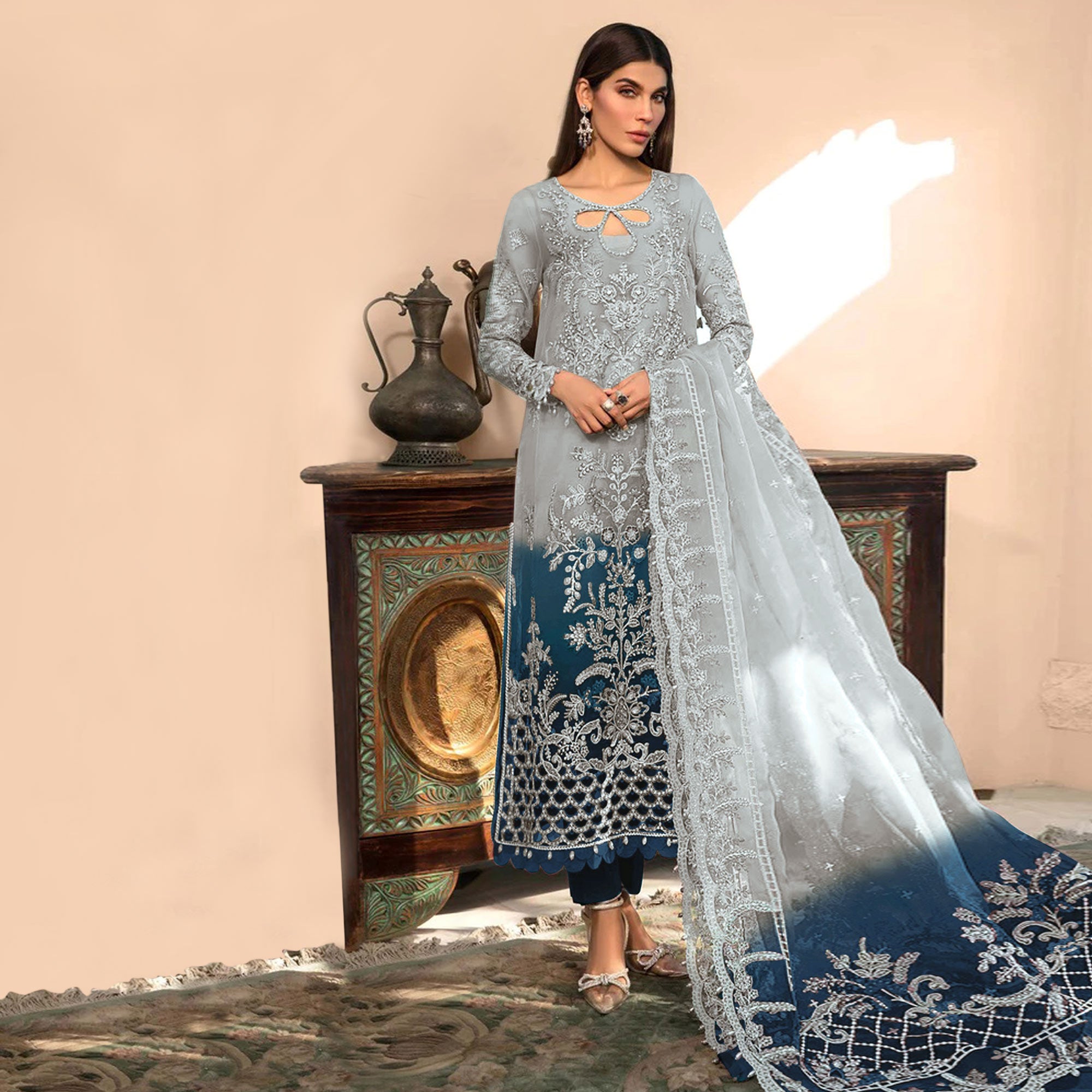 Grey & Blue Floral Embroidered Organza Semi Stitched Pakistani Suit
