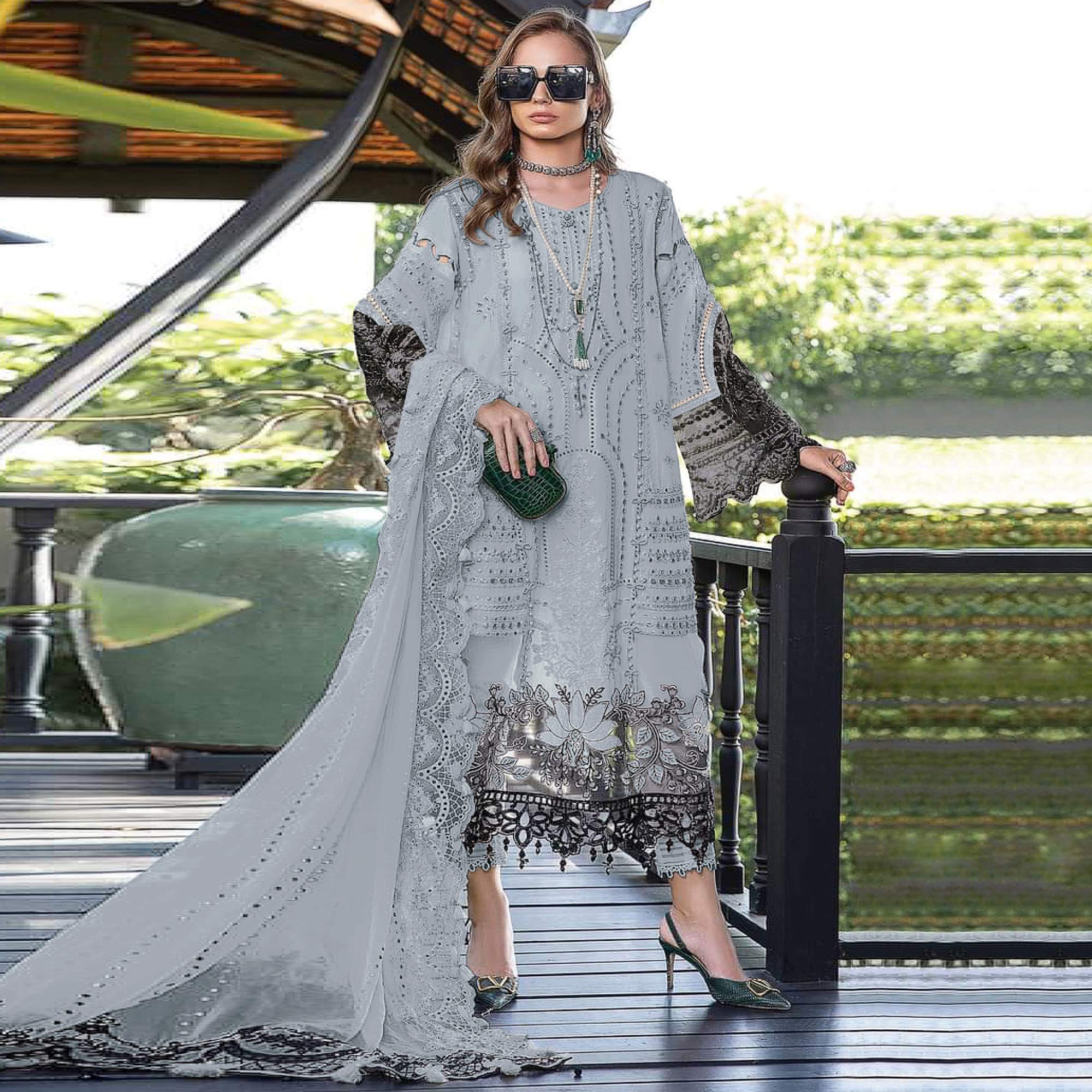 Grey Floral Embroidered Georgette Semi Stitched Pakistani Suit