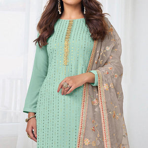Sea Green Embroidered Georgette Semi Stitched Salwar Suit