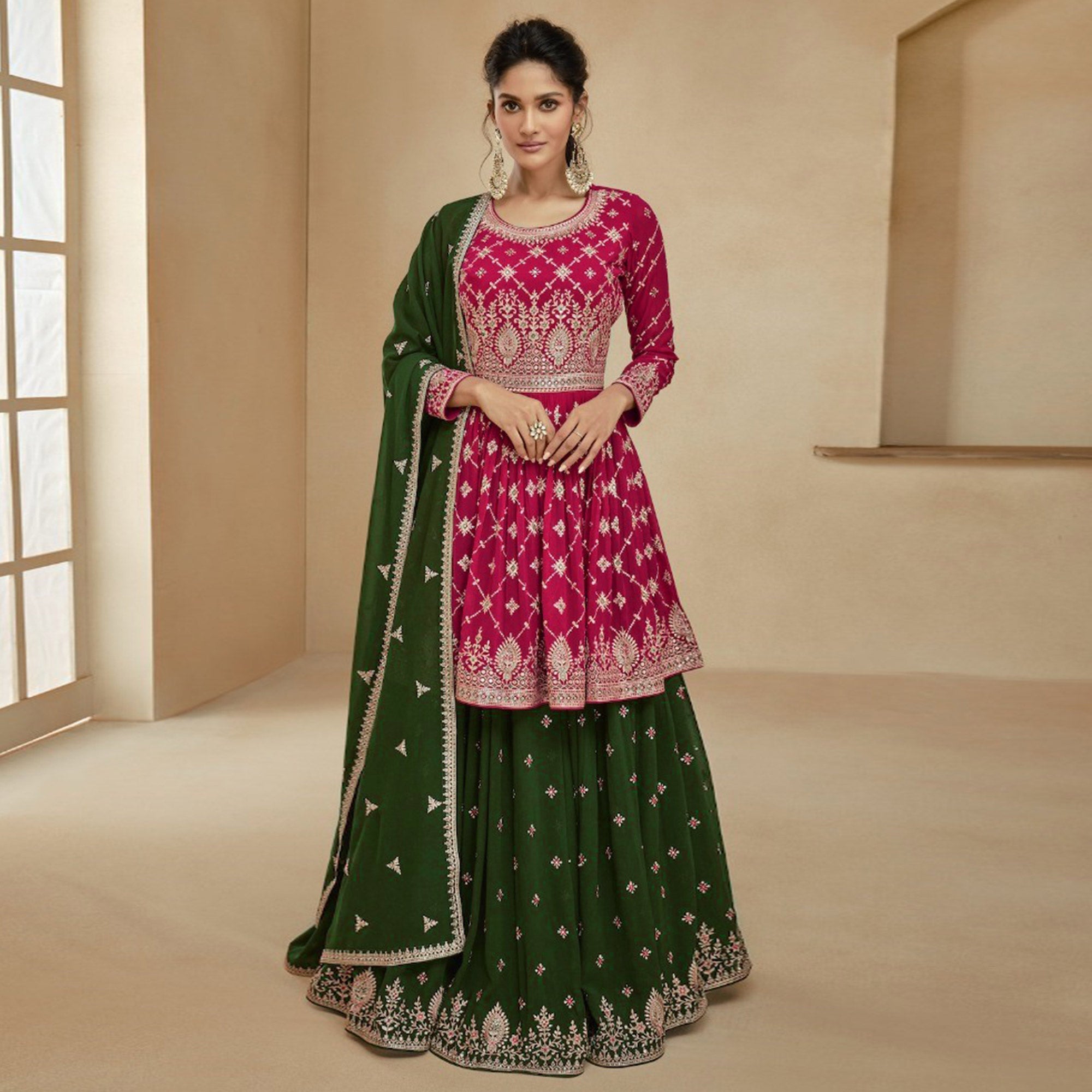 Pink & Green Embroidered Georgette Semi Stitched Sharara Suit