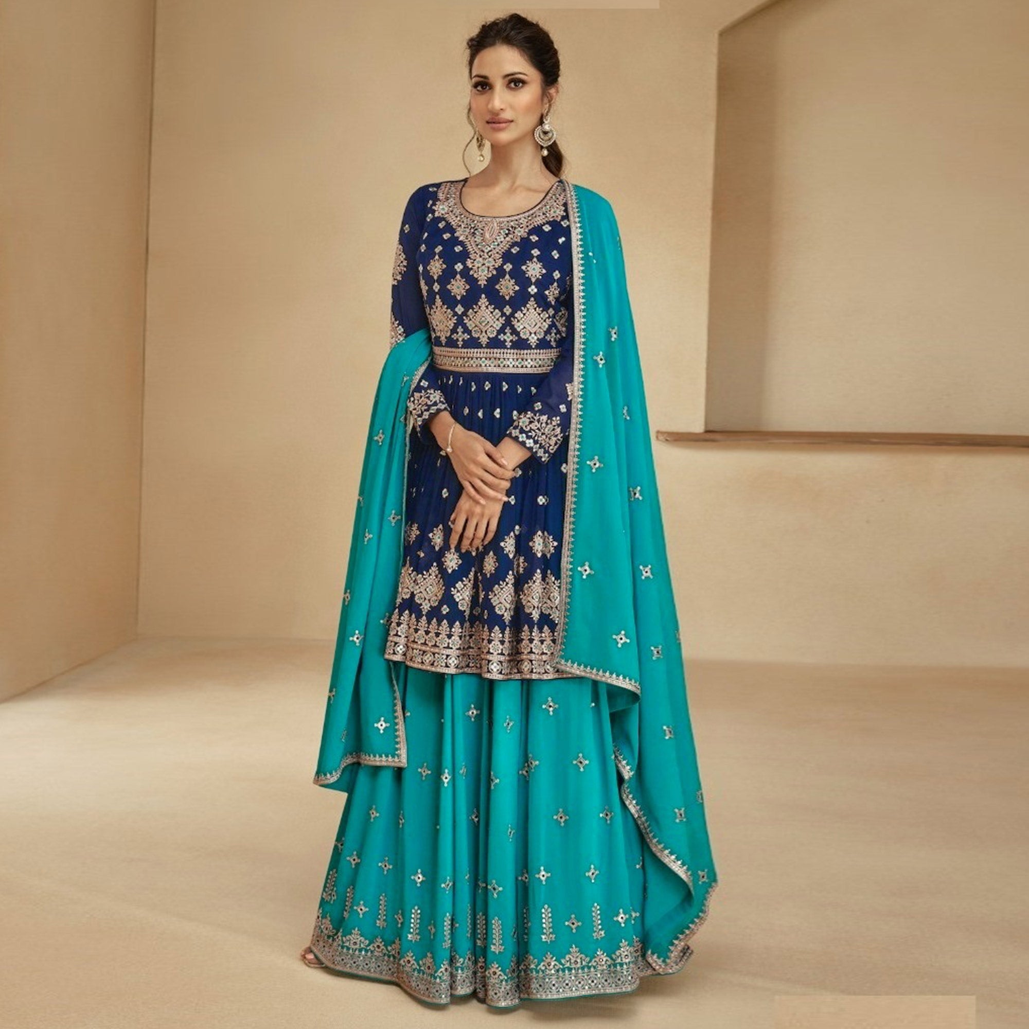 Navy Blue & Rama Green Embroidered Georgette Semi Stitched Sharara Suit