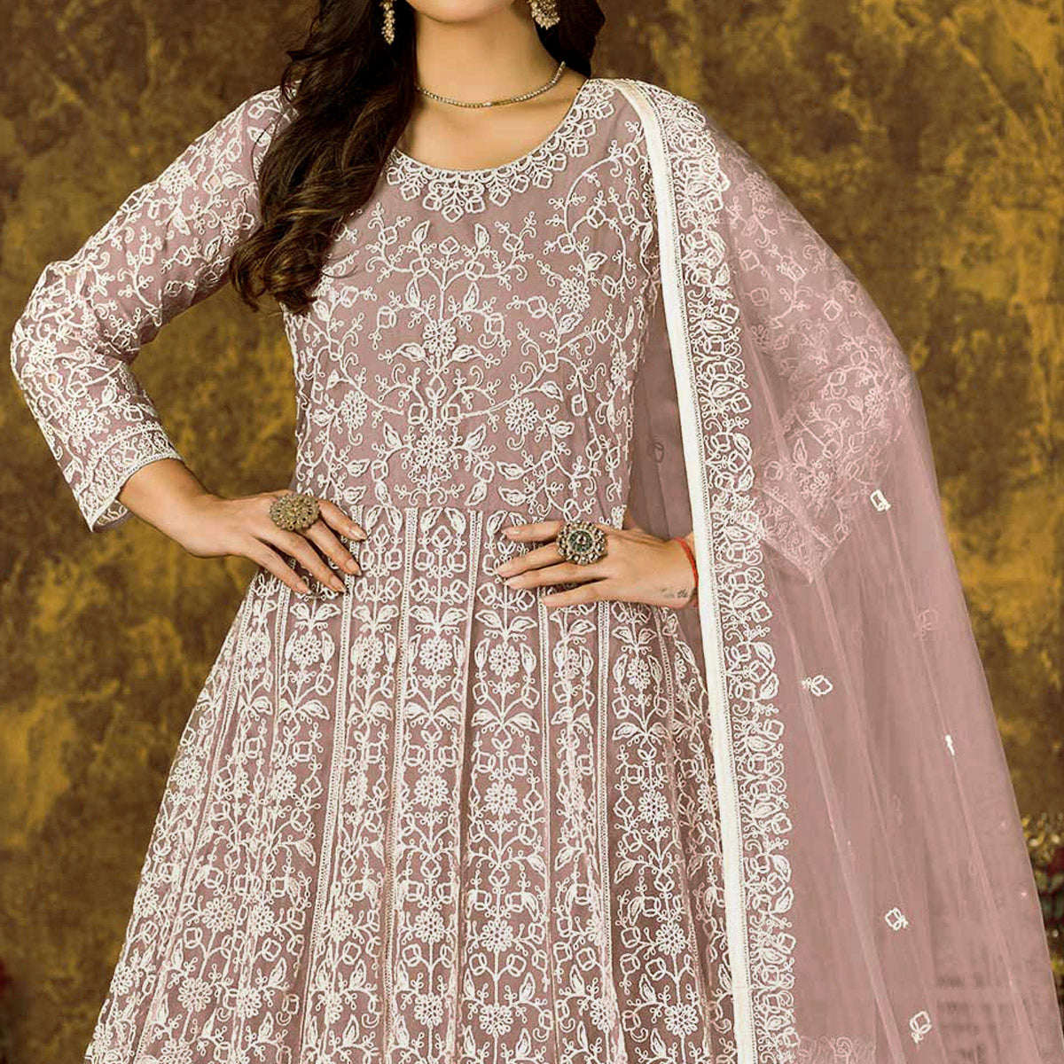 Mauve Floral Embroidered Net Semi Stitched Anarkali Suit