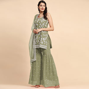 Green Floral Sequins Embroidered Georgette Semi Stitched Suit