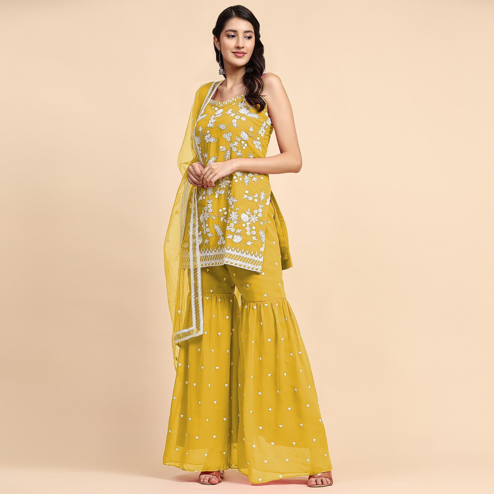 Yellow Floral Sequins Embroidered Georgette Semi Stitched Suit