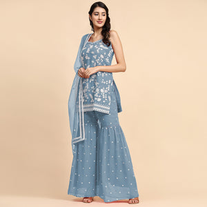 Sky Blue Floral Sequins Embroidered Georgette Semi Stitched Suit