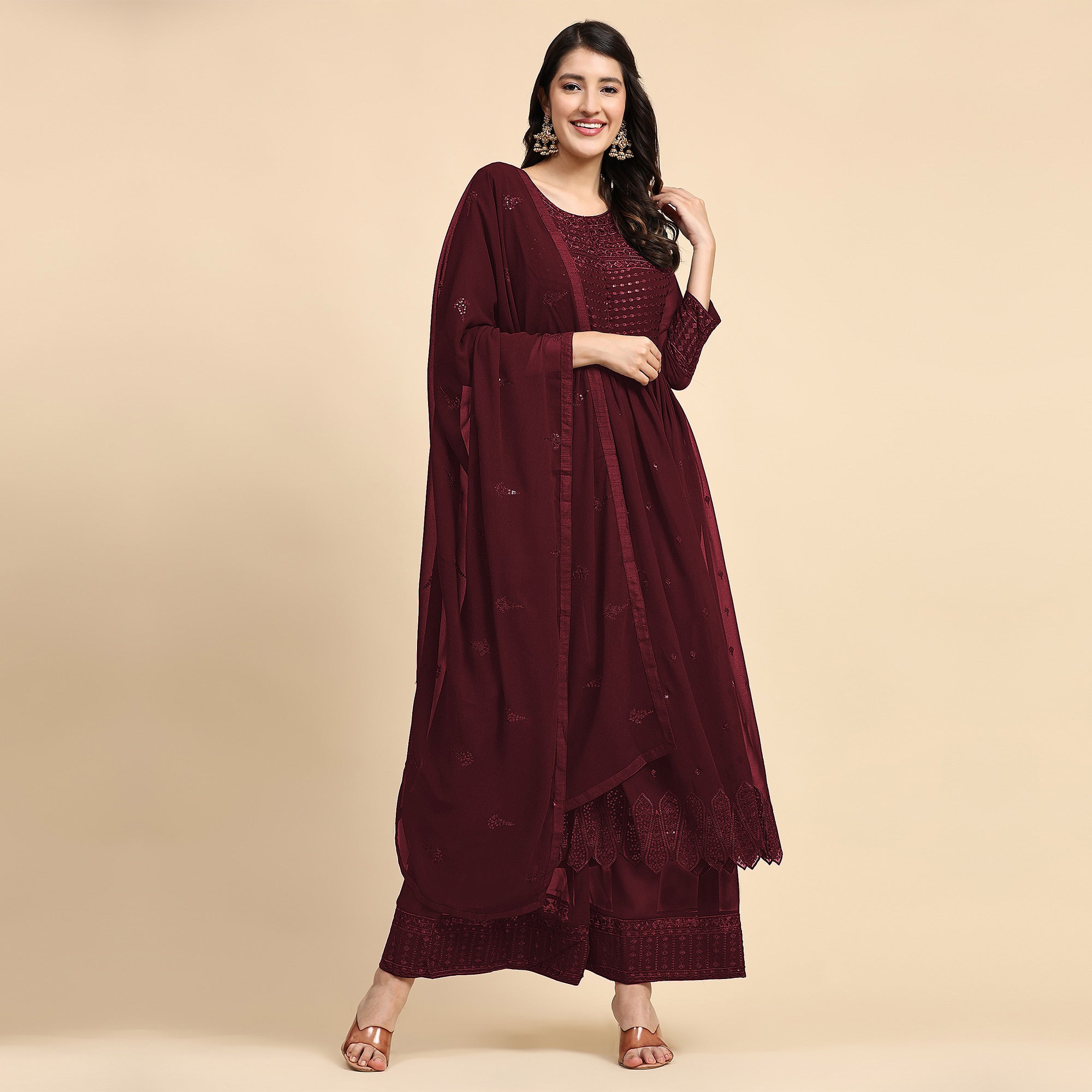 Maroon Sequins Embroidered Georgette Semi Stitched Suit