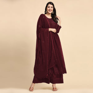 Maroon Sequins Embroidered Georgette Semi Stitched Suit
