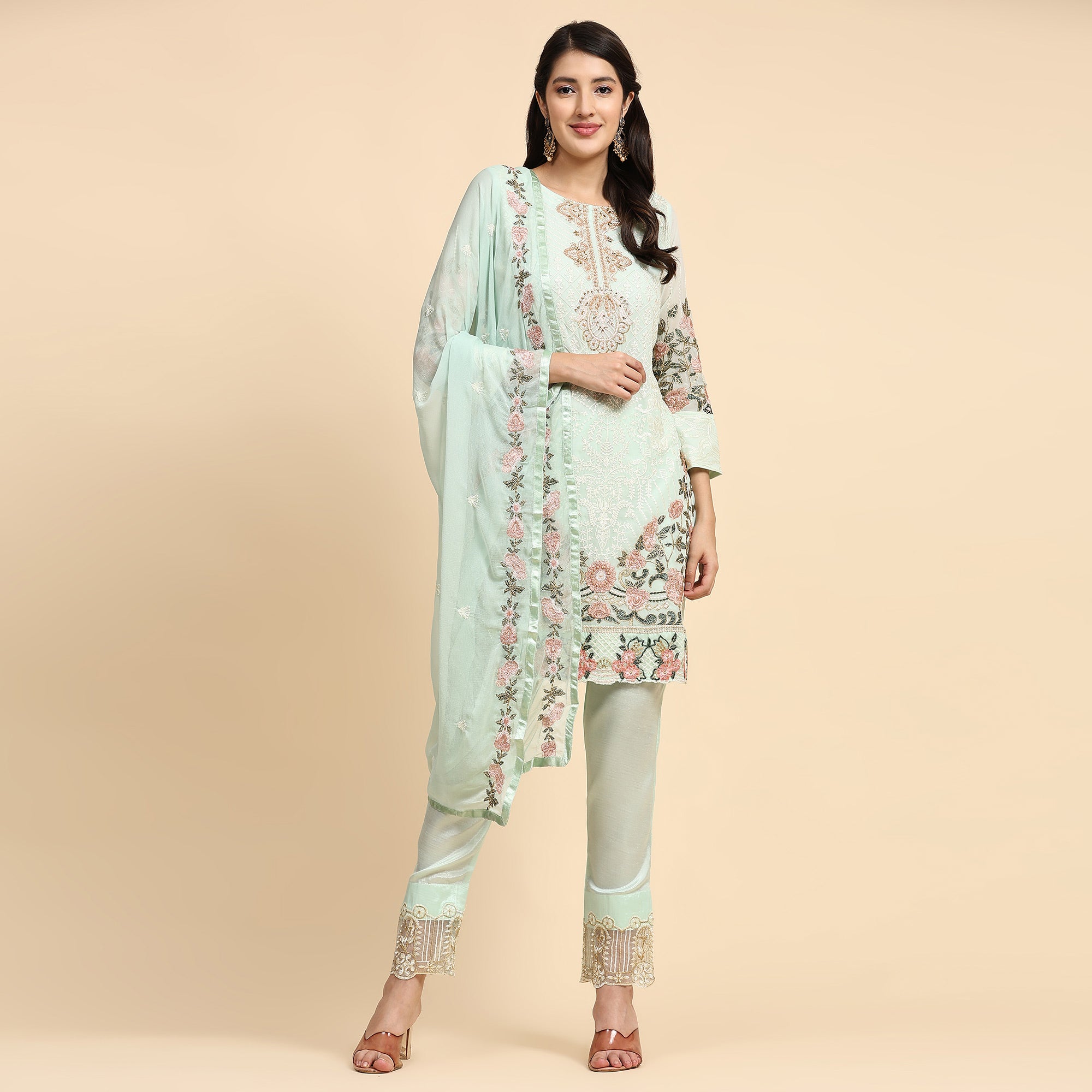 Pista Green Embroidered Georgette Semi Stitched Pakistani Suit