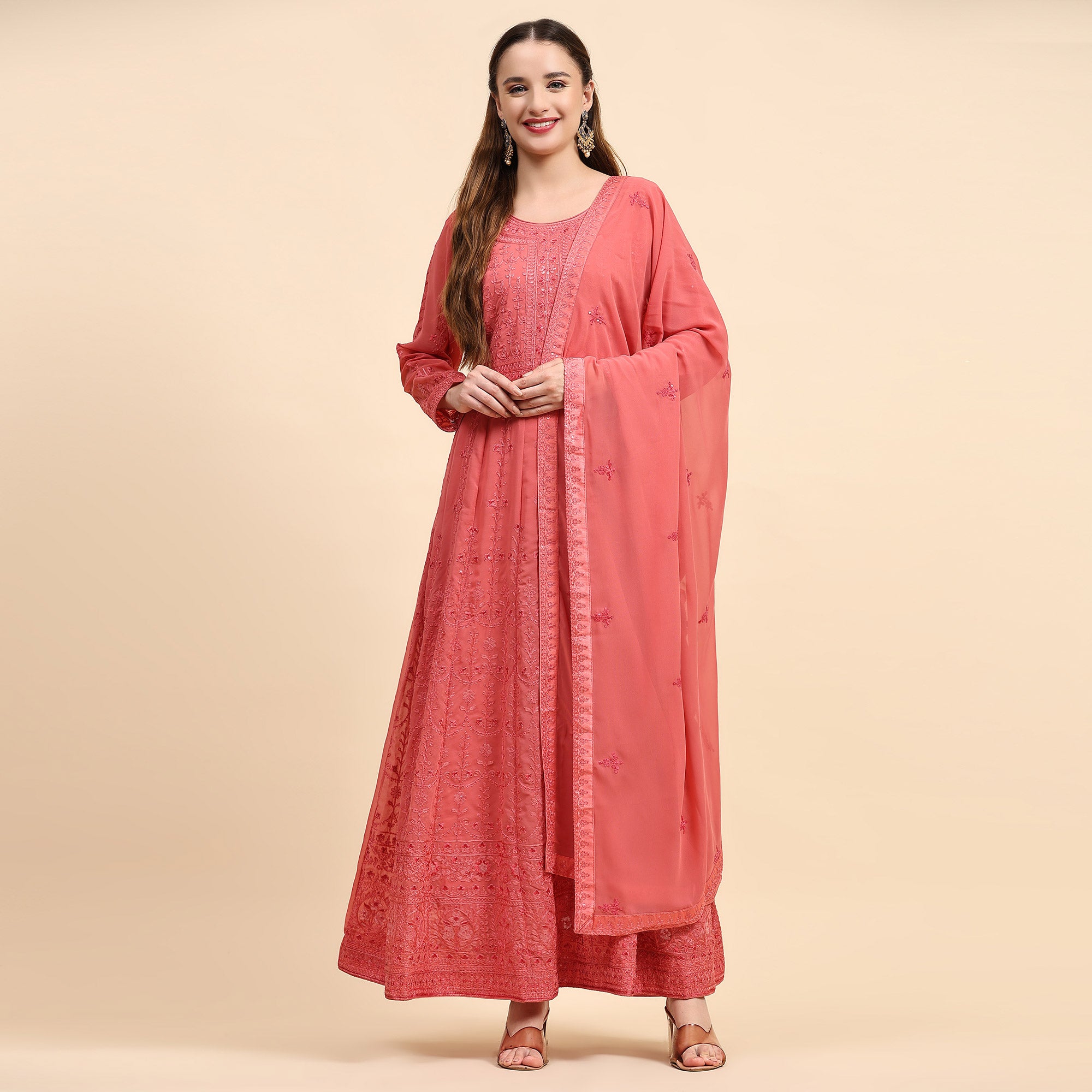 Peach Embroidered Georgette Semi Stitched Anarkali Suit