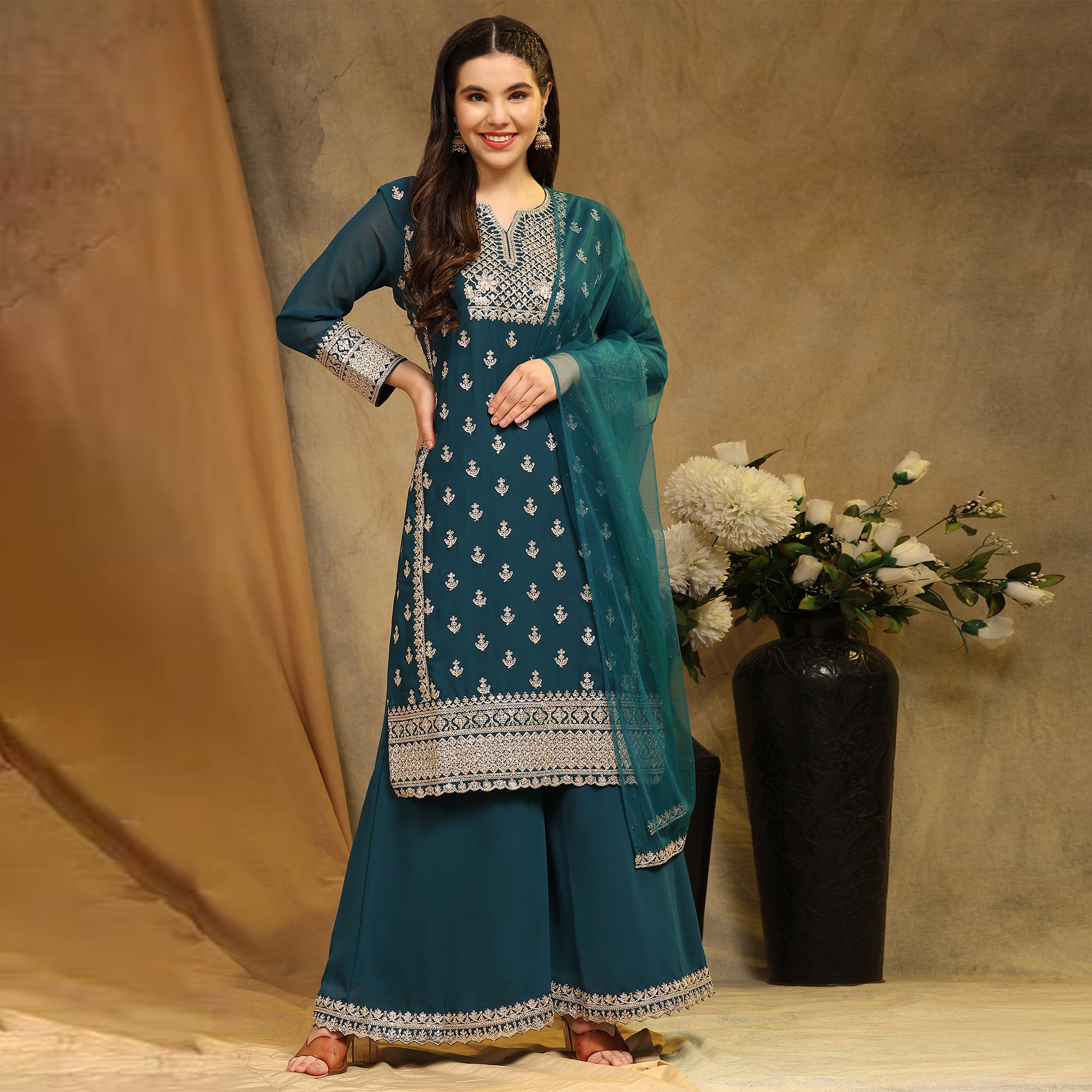 Morpich Floral Embroidered Georgette Semi Stitched Suit