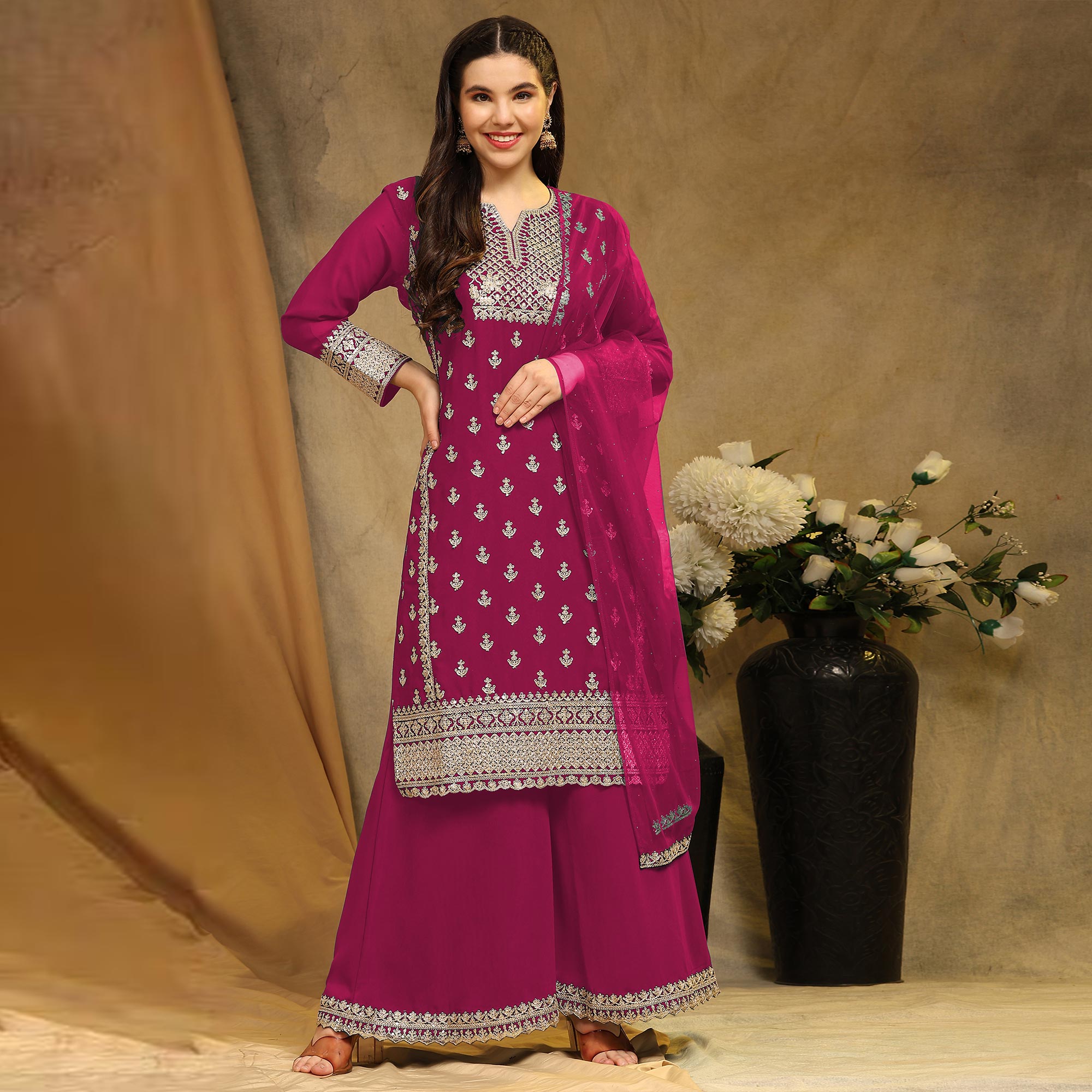 Pink Floral Embroidered Georgette Semi Stitched Suit