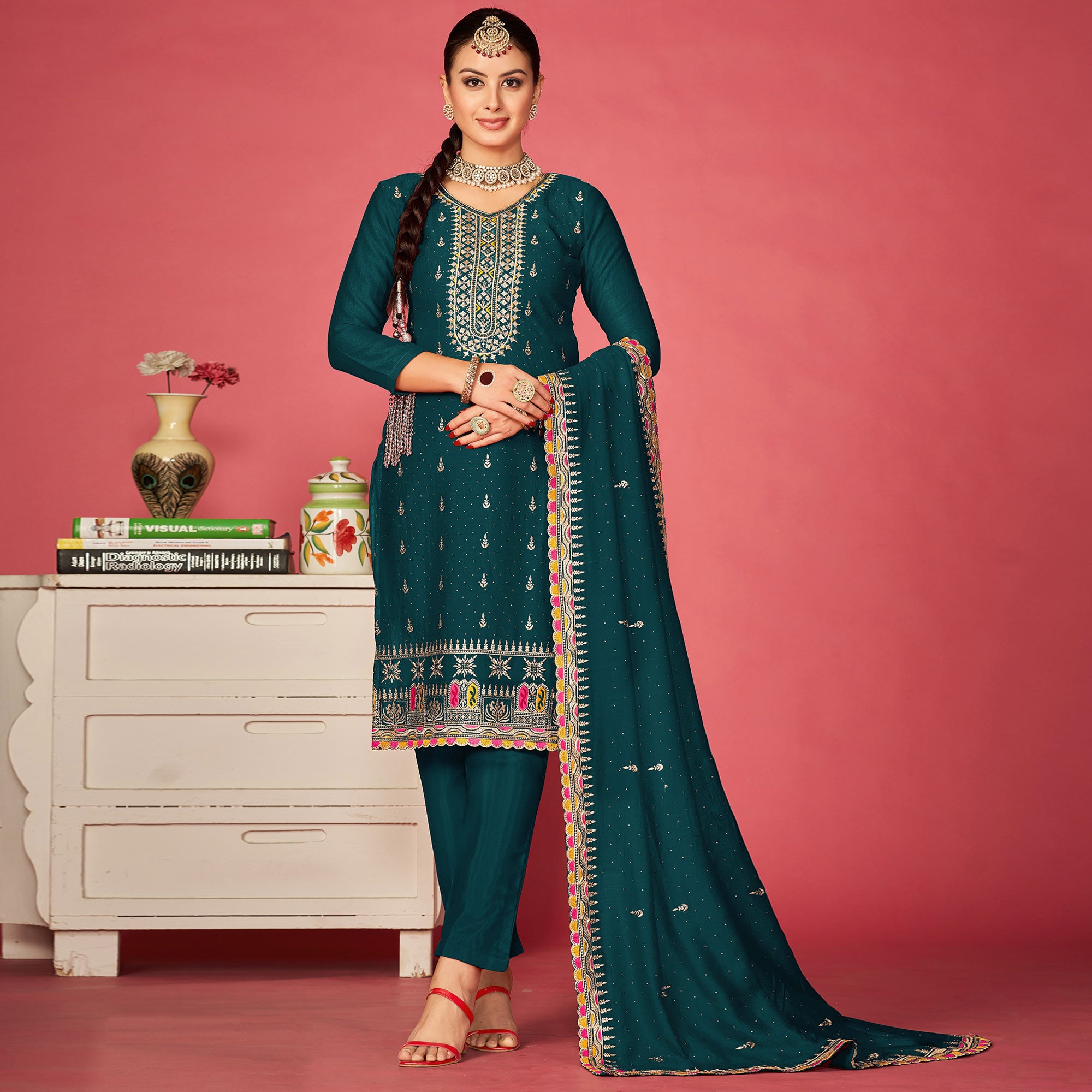 Teal Embroidered With Swarovski Vichitra Silk Semi Stitched Suit