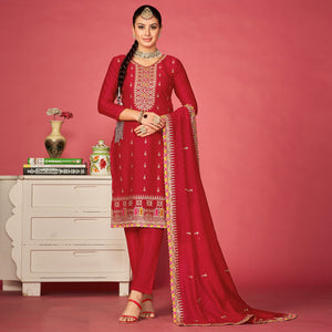 Red Embroidered With Swarovski Vichitra Silk Semi Stitched Suit