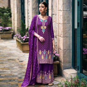 Purple Floral Embroidered Chinon Semi Stitched Suit