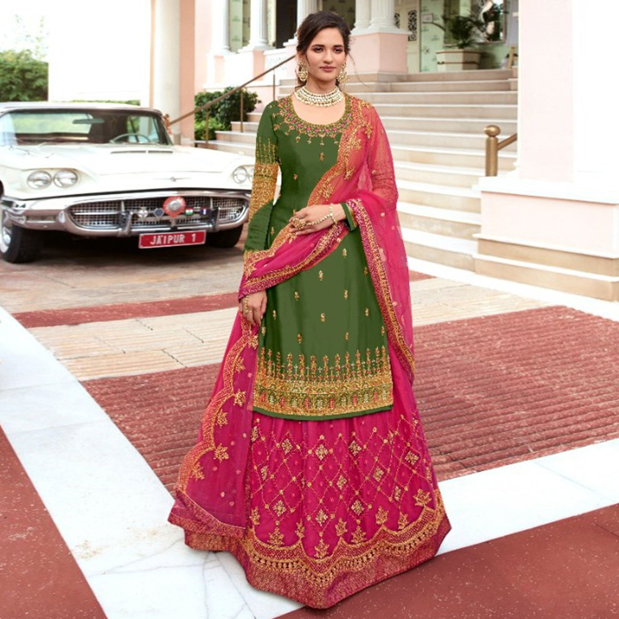 Green Embroidered Georgette Lehenga Kameez And Suit