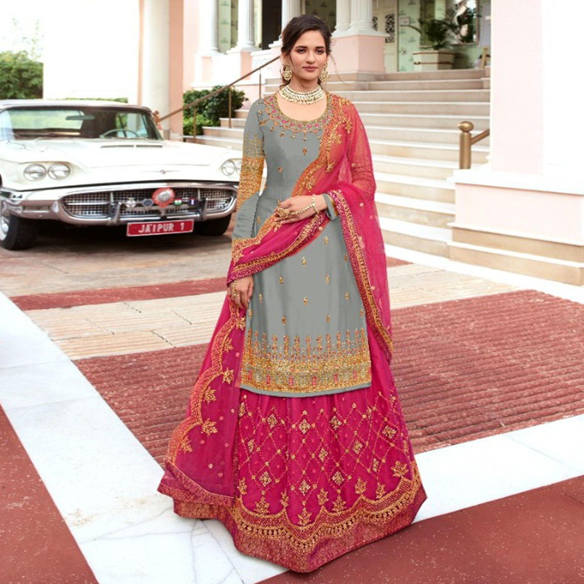 Grey Embroidered Georgette Lehenga Kameez And Suit