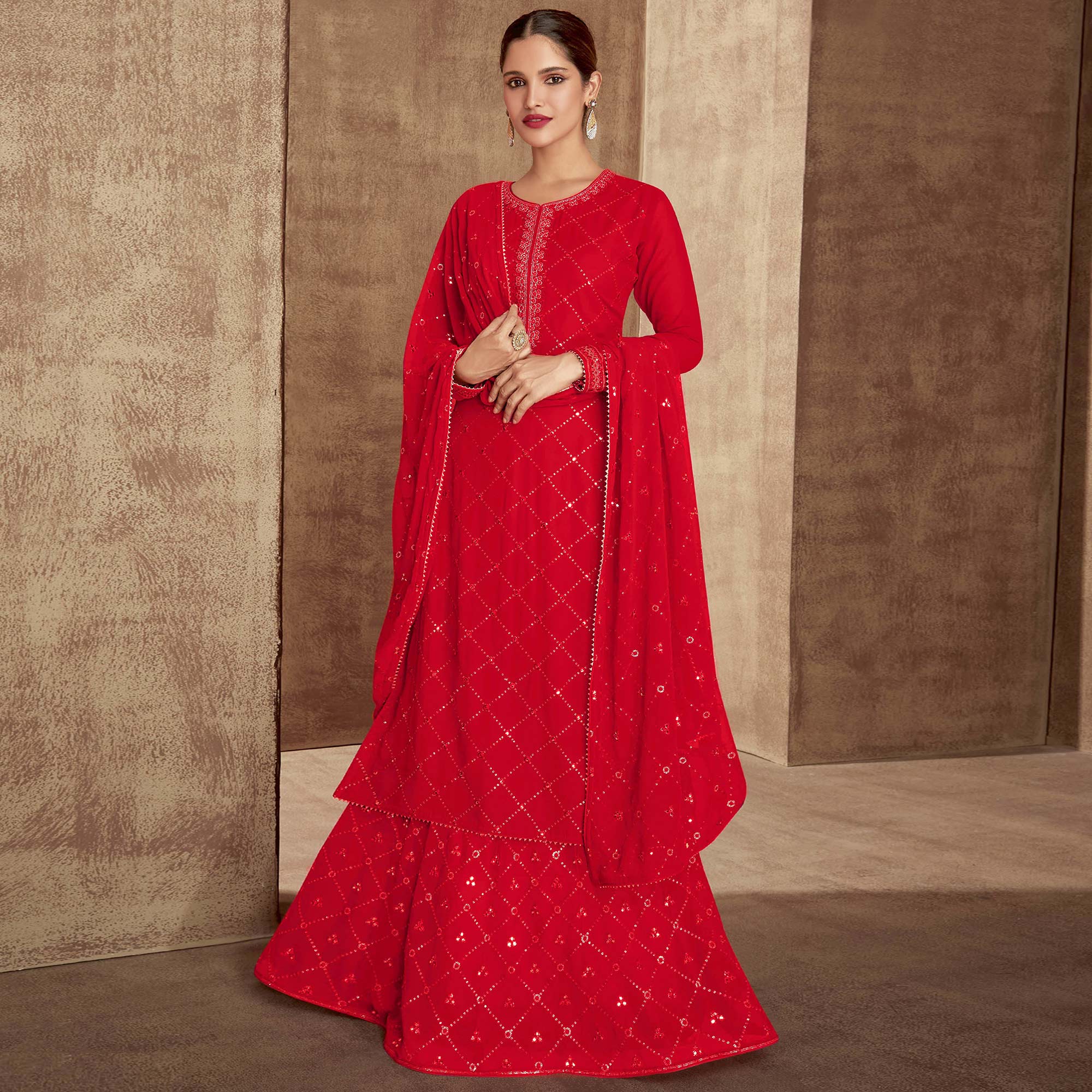 Red Sequins Embroidered Georgette Semi Stitched Palazzo Suit