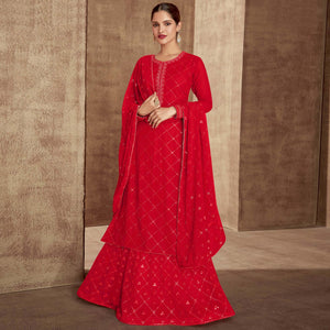 Red Sequins Embroidered Georgette Semi Stitched Palazzo Suit